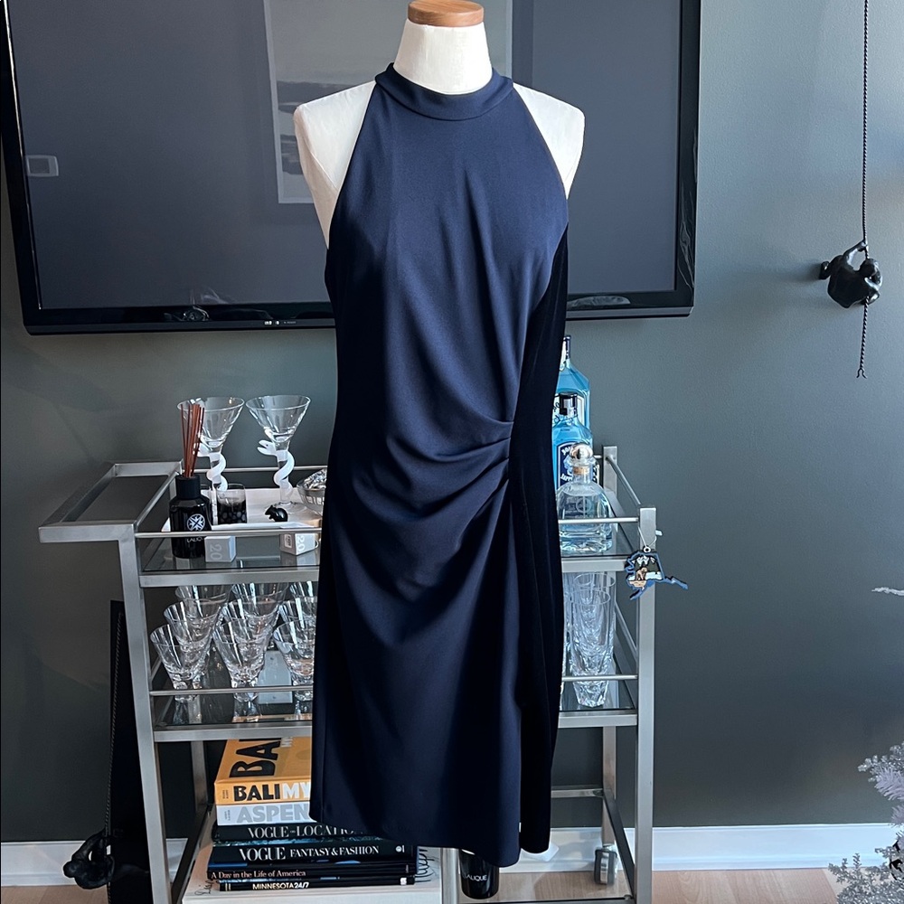 New Betsy & Adam Petite Mariana Short Halter Neck Scuba Crepe & Velvet Dress 12P